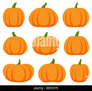 Cartoon Halloween Pumpkin jeu. Différentes formes et tailles de courge orange isolé sur fond blanc Banque D'Images