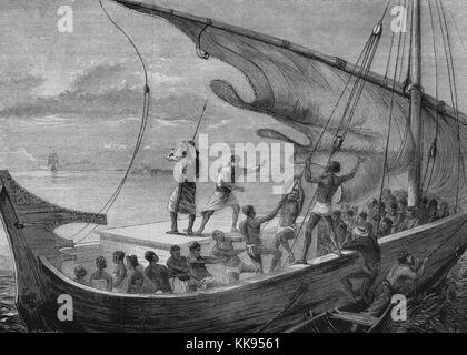 Une gravure représentant des hommes travaillant à sensibiliser les voiles sur un bateau d'esclaves arabes, les marchands d'esclaves sont de diriger les actions des esclaves afin de mettre les voiles avant que le croiseur britannique dans l'arrière-plan les atteint, les pays arabes des esclaves a commencé au 7ème siècle, s'est poursuivi jusqu'au milieu du xxe siècle, on estime qu'entre 10 et 18 millions de personnes ont été asservis pendant cette période, la mer Rouge, 1874. À partir de la Bibliothèque publique de New York. Banque D'Images