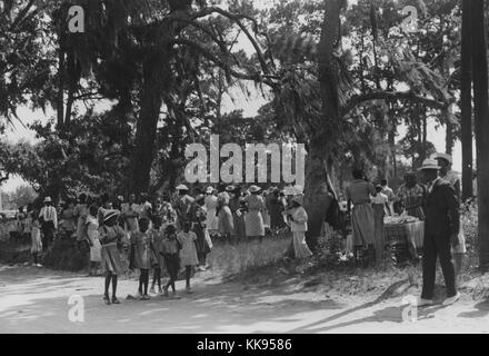 Une photographie d'un grand groupe de personnes se sont réunis pour un quatrième de juillet, fête, le groupe se compose d'hommes, femmes et enfants, tout le monde est habiller en seaonsally forme les vêtements, les hommes portent des costumes, cravates et chapeaux de couleur claire, les femmes portent des robes légères, elles sont recueillies à la lisière d'une zone boisée, quelqu'un a mis en place une table avec de la nourriture sur le côté droit de la photographie, de l'Île Sainte-Hélène, Caroline du Sud, 1877. À partir de la Bibliothèque publique de New York. Banque D'Images