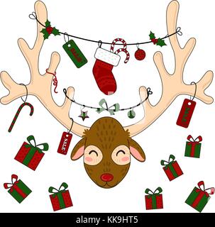 Tête de renne de Noël avec les coffrets cadeaux et étiquettes Illustration de Vecteur
