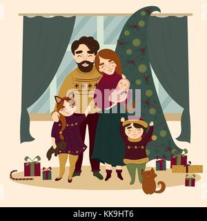 Famille à Noël, debout près de l'arbre de Noël Illustration de Vecteur