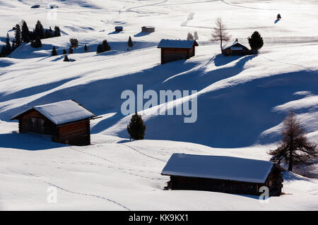 Lever de soleil sur l'hiver Alpe di Siusi Dolomites, Italie Banque D'Images