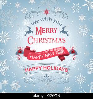 Vintage fond de Noël avec des flocons de neige et de décoration de noël ornement. carte postale avec Holly et ruban. seamless pattern d'hiver Illustration de Vecteur