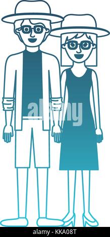 En couple silhouette bleu dégradé et les deux avec chapeau et lunettes et lui avec chemise et veste et pantalon court et de chaussures et d'habillement et chaussures de talon avec cheveux mi-longueur Illustration de Vecteur