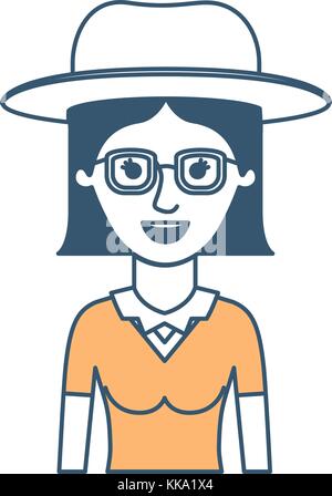 Moitié du corps Femme avec chapeau et lunettes et chemisier avec les cheveux courts en couleur articles silhouette Illustration de Vecteur