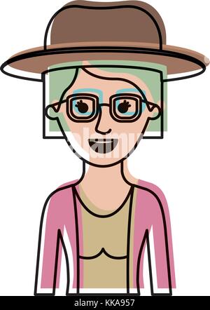 Moitié du corps Femme avec chapeau et lunettes et blouse à la veste et cheveux courts à l'aquarelle d'ossature Illustration de Vecteur