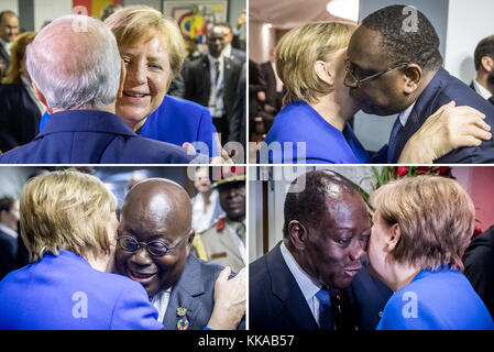 La chancelière allemande Angela Merkel accueille (en haut à gauche, dans le sens des aiguilles d'une montre) Beji Caid el Sebsi (Président de la Tunisie), Macky Sall (Président du Sénégal) Alassane Ouattara (Président de la Côte d'Ivoire) et Nana Akufo-Addo (Président du Ghana) lors du sommet Afrique-UE à Abidjan, Côte d'Ivoire, 28 novembre 2017. Entre autres, les dirigeants d'État et de gouvernement de l'Union africaine et de l'Union européenne discuteront des thèmes de la jeunesse et de la démographie lors du sommet Afrique-UE. Le sommet de deux jours de 80 états se déroule à Abidjan, la métropole des affaires de la Côte d’Ivoire ouest-africaine. Photo : Banque D'Images