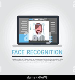 La technologie de reconnaissance des visages de l'ordinateur portable d'analyse du système de sécurité de l'utilisateur du concept d'identification biométrique mâle Illustration de Vecteur