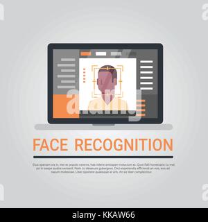 La technologie de reconnaissance des visages d'analyse du système de sécurité de l'ordinateur portable african american male concept d'identification biométrique de l'utilisateur Illustration de Vecteur