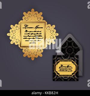 Invitation de mariage ou d'une carte de vœux avec ornement floral vintage. Dentelle de papier patron enveloppe, mock-up pour la découpe laser. vector illustration. Illustration de Vecteur