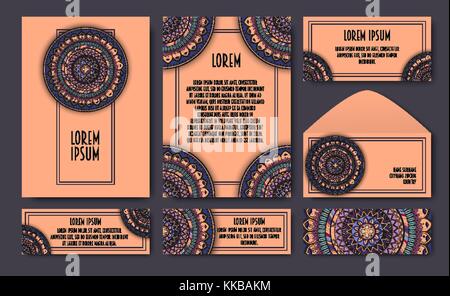 Ensemble de modèles d'invitation avec des mandalas. tribal et cartes d'invitation de mariage ethnique. vector illustration. Illustration de Vecteur