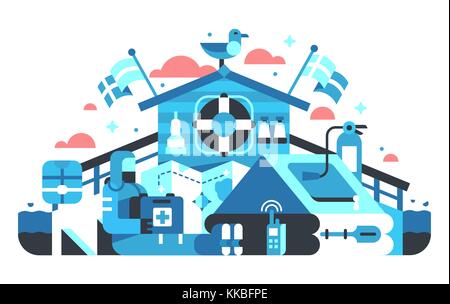 Télévision à vecteur illustration style de l'équipement marin placé sur le pont avec bleu, noir et rose elements Illustration de Vecteur