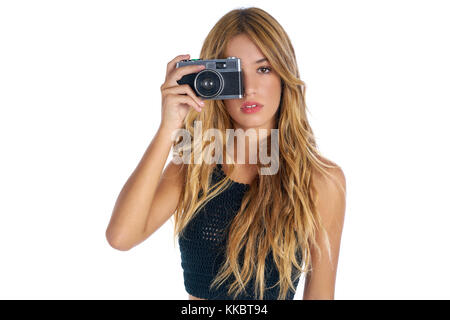 Teen blonde girl vintage camera photo portrait sur fond blanc Banque D'Images