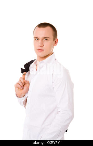 Jeune homme regardant fixement vous isolated on white Banque D'Images