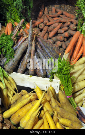 Une sélection ou variété de multi-couleur de forme irrégulière des carottes à Borough Market à Southwark, Londres,. les fruits et légumes du jardin à la vente. Banque D'Images
