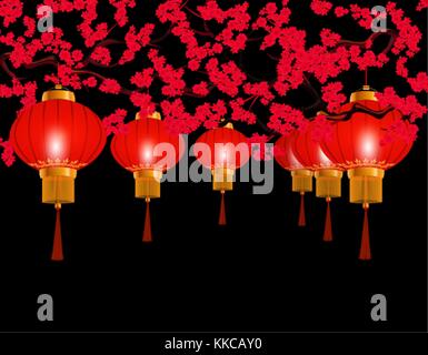 Le nouvel an chinois. dans le parc rouge accroché lanternes chinoises. forme ronde. dans le contexte d'une cerise rouge en fleurs illustration. Illustration de Vecteur