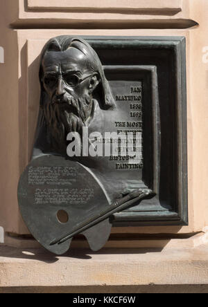 Plaque du patrimoine pour Jan Matejko 1838-1893 peintre polonais, Cracovie, Pologne, Europe, UE. Banque D'Images