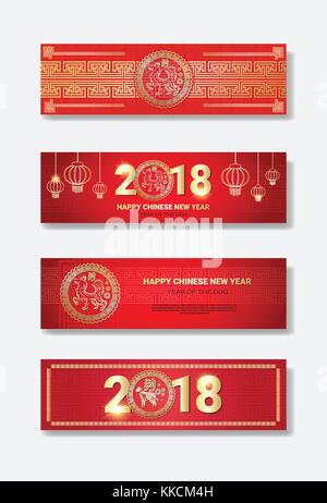 Joyeux Nouvel An chinois 2018 bannières rouges et or collection décoration design Illustration de Vecteur