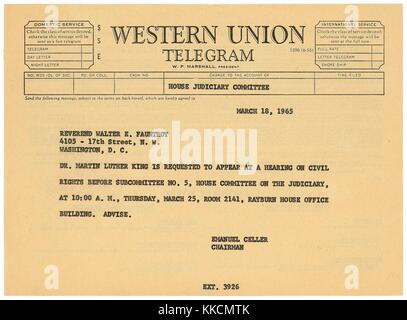 Télégramme à Martin Luther King, Jr, demandant un témoignage devant le Comité judiciaire de la Chambre sur la Loi sur les droits de vote de 1965. Image reproduite avec l'aimable autorisation des Archives nationales. 1965. Banque D'Images