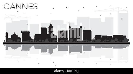 Cannes France City skyline silhouette noir et blanc avec des reflets. Vector illustration. Concept de voyages d'affaires. Vue urbaine avec des points de repère. Illustration de Vecteur