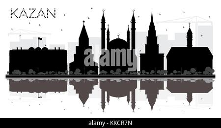 La Russie Kazan City skyline silhouette noir et blanc avec des reflets. Vector illustration. Concept de voyages d'affaires. Vue urbaine avec des points de repère. Illustration de Vecteur