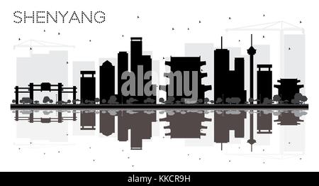 La Chine Shenyang City skyline silhouette noir et blanc avec des reflets. Vector illustration. Concept de voyages d'affaires. Vue urbaine avec des points de repère. Illustration de Vecteur