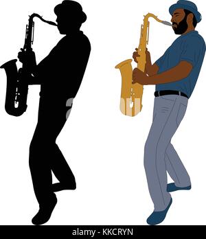 Musicien joue du saxophone et silhouette - vector illustration Illustration de Vecteur