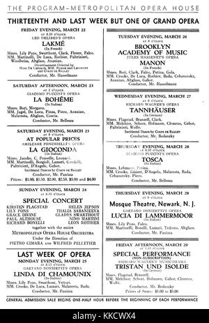 Une liste historique de l'horaire du Metropolitan Opera pour la semaine du 22 au 29 mars 1935, mettant en évidence les représentations et les opéras prévus pendant cette période. Banque D'Images
