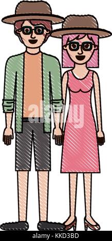 Crayon de couleur en couple silhouette et les deux avec chapeau et lunettes et lui avec chemise et veste et pantalon court et de chaussures et d'habillement et chaussures de talon avec cheveux mi-longueur Illustration de Vecteur