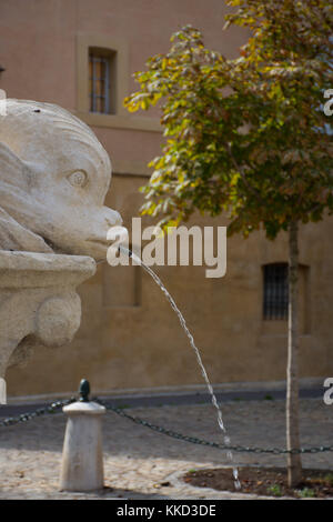 Close up d'un poisson stylisé sculpté fontaine en profil avec un jet d'eau provenant de sa bouche. photographié avec une faible profondeur de champ dans le NAT Banque D'Images