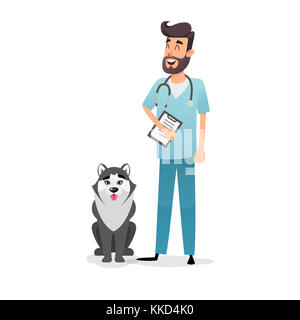 Sympathique personnage de vétérinaire de dessin animé. Un médecin vétérinaire heureux avec un dossier et un stéthoscope se tient près du chien husky. Un médecin professionnel d'un vete Banque D'Images
