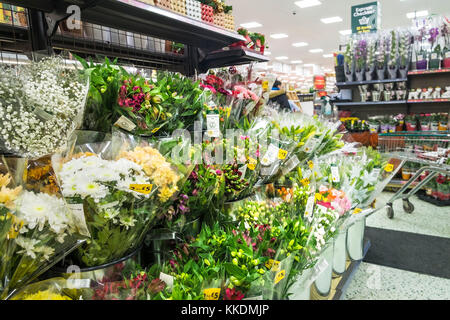 Bouquets de fleurs en vente dans un supermarché Morrisons. Banque D'Images