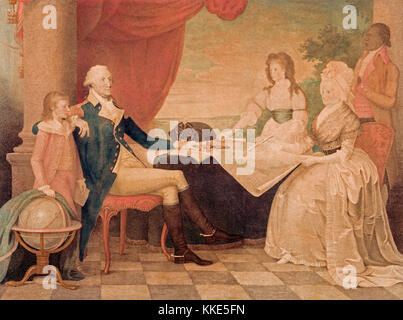 George Washington avec sa femme et ses deux petits-enfants, nés d'enfants issus de son premier mariage. De gauche à droite, George Washington Parke Custis, petit-fils de Martha Washington, George Washington, Eleanor 'Nelly' Parke Custis, Martha Dandridge Custis Washington, et une servante de la famille. George Washington, 1732 – 1799. Homme d'État et soldat américain qui a servi comme premier président des États-Unis, d'après une estampe publiée en 1798 d'après une peinture d'Edward Savage. Banque D'Images