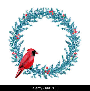 L'aquarelle à la main de décoration. couronne de noël sapin vert et branches rouge cardinal oiseau sur un fond blanc. Banque D'Images