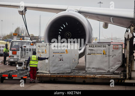 Singapore Airlines Airbus A350 cargo fret chargement en soute à l'aéroport de Manchester Banque D'Images