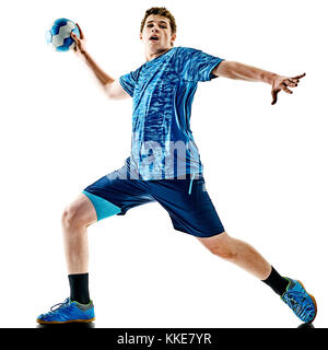 Un joueur de handball du Caucase adolescents dans studio isolé sur fond blanc Banque D'Images