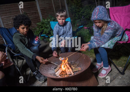 Événement sleepout big wild pix . Des images de jeunes enfants/ les enfants et les parents dans leur jardin à l'arrière du milieu de l'après-midi jusqu'à la nuit, profitent d'activités, par exemple, la fabrication d'un den, à la recherche de bugs, publiant de la nourriture pour chiens pour les hérissons, faire griller des guimauves autour d'un feu de camp, espèce de piégeage, à la recherche de la faune nocturne. Banque D'Images