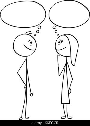 Cartoon stick man dessin illustration of man and woman talking avec discours vide vide ballons bulles de texte. Illustration de Vecteur