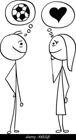 Cartoon stick man dessin illustration de la différence entre l'homme et la femme parle de foot ballon de soccer sport et l'amour du symbole du cœur. Illustration de Vecteur