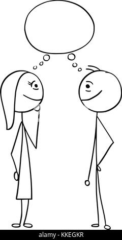 Cartoon stick man dessin illustration of man and woman talking avec discours vide vide ballon bulle de texte. Illustration de Vecteur