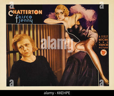 L'affiche *Frisco Jenny* fait la promotion d'un film muet réalisé en 1927 par Allan Dwan, avec l'actrice Mae Busch. Le film suit la vie dramatique d'une womanâ alors qu'elle navigue dans le crime et la survie au début du XXe siècle à San Francisco. L'affiche présente des visuels saisissants représentant le ton graveleux du film et des thèmes dramatiques. Banque D'Images