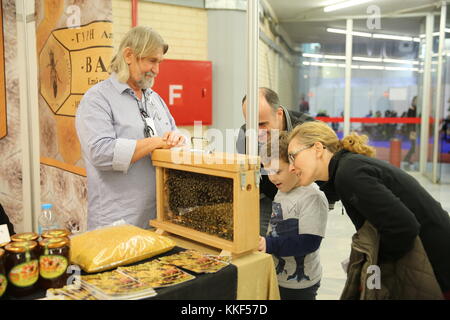 Athènes, Grèce. 3 décembre 2017. Les producteurs d’abeilles expliquent aux visiteurs comment le miel est fabriqué lors du 9ème Festival du miel et des produits d’abeilles qui s’est tenu au Peace and Friendship Indoor Stadium à Neo Faliro, une banlieue sud d’Athènes, en Grèce, le 3 décembre 2017. C'est un agréable rassemblement lorsque plus de 250 fabricants de produits apicoles de toute la Grèce se sont réunis ce week-end à Neo Faliro, dans le sud de la Grèce, pour échanger leurs techniques et rechercher la coopération avec des commerçants d'Europe et d'Asie. Crédit : Lefteris Partsalis/Xinhua/Alamy Live News Banque D'Images