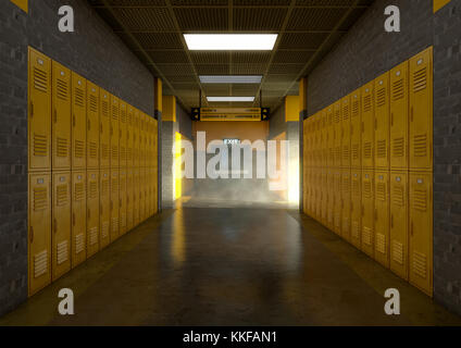 Un regard vers le bas un couloir de l'école propres casiers jaune - 3D render Banque D'Images