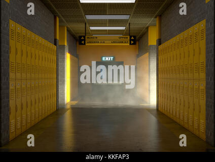 Un regard vers le bas un couloir de l'école propres casiers jaune - 3D render Banque D'Images