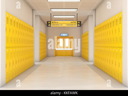 Un regard vers le bas un couloir de l'école propres casiers jaune - 3D render Banque D'Images