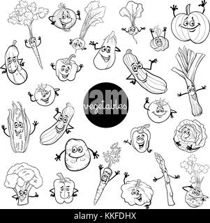 Cartoon noir et blanc illustration de bande dessinée caractères gros légumes Aliments set color book Illustration de Vecteur