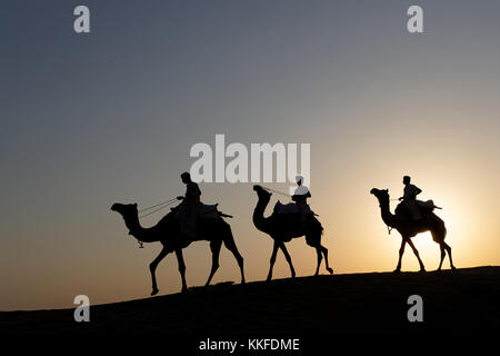 JAISALMER, INDE, le 2 novembre 2017 : Caravane de chameaux dans le désert de sable. Plusieurs safaris dans le désert sont organisées pour les touristes par l'opéra local Banque D'Images