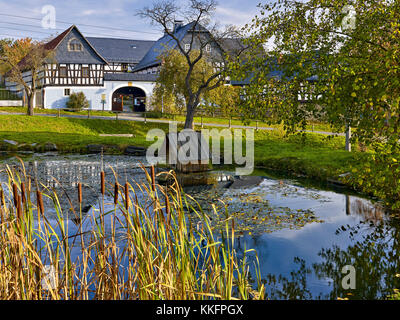 Nitschareuth, village historique vert avec des cours à quatre côtés près de Greiz, Thuringe, Allemagne Banque D'Images