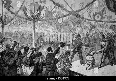 Le bataillon combiné à la procession triomphale à Berlin le 16 juin 1871, l'Allemagne, la guerre franco-allemande de 1870/71, guerre de 1870 ou la guerre franco-allemande, la guerre de 1870, un conflit entre le Second Empire de Napoléon III et les états allemands de la Confédération d'Allemagne du Nord dirigée par le royaume de Prusse, l'amélioration numérique reproduction d'une gravure sur bois originale Banque D'Images