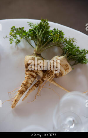 Restaurant L'Arpège à Paris, cuisinier : Alain Passard, 3 étoiles Michelin. Décoration avec légumes. Banque D'Images